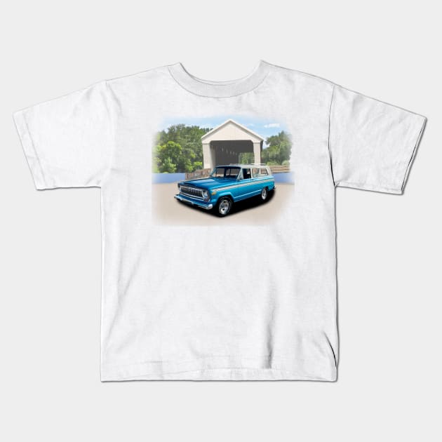 1975 Jeep Cherokee chief in our covered bridge series on  front and back Kids T-Shirt by Permages LLC